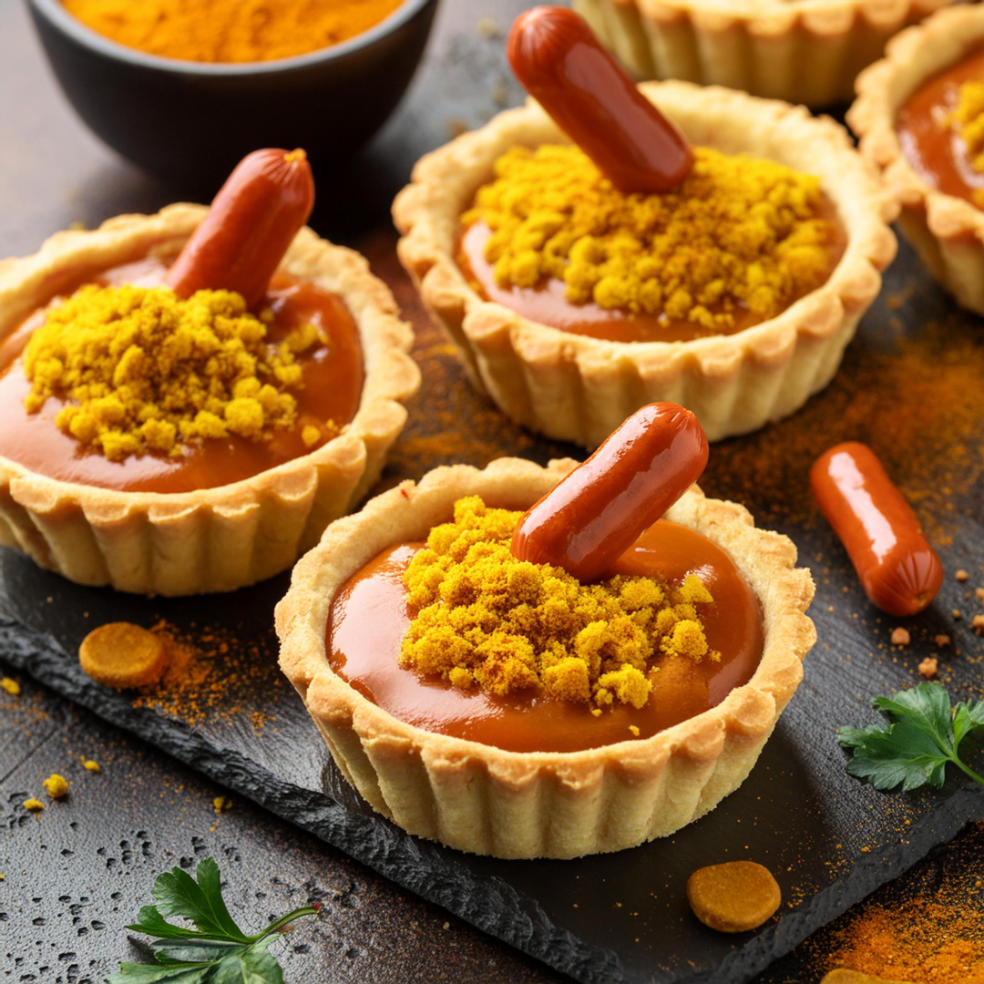 Currywurst-Törtchen mit Kaffee, Kirschen und Mandeln