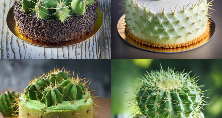 Vier kreative Kaktus-Torten mit realistischer Optik. Jede Torte ist mit grünen, stachelähnlichen Dekorationen gestaltet und sieht aus wie ein Kaktus.