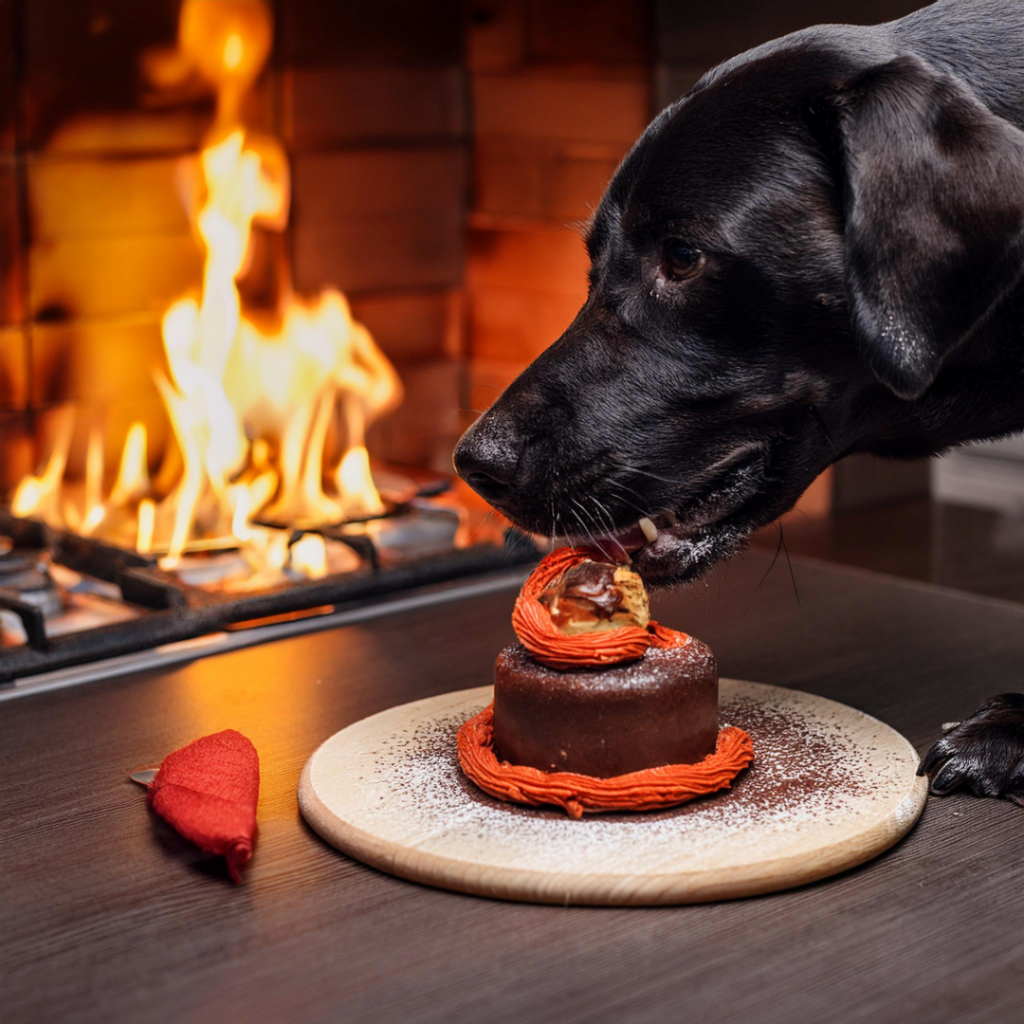 Hund nascht an einer kleinen Torte mit oranger Dekoration vor einem brennenden Herd in der Küche.