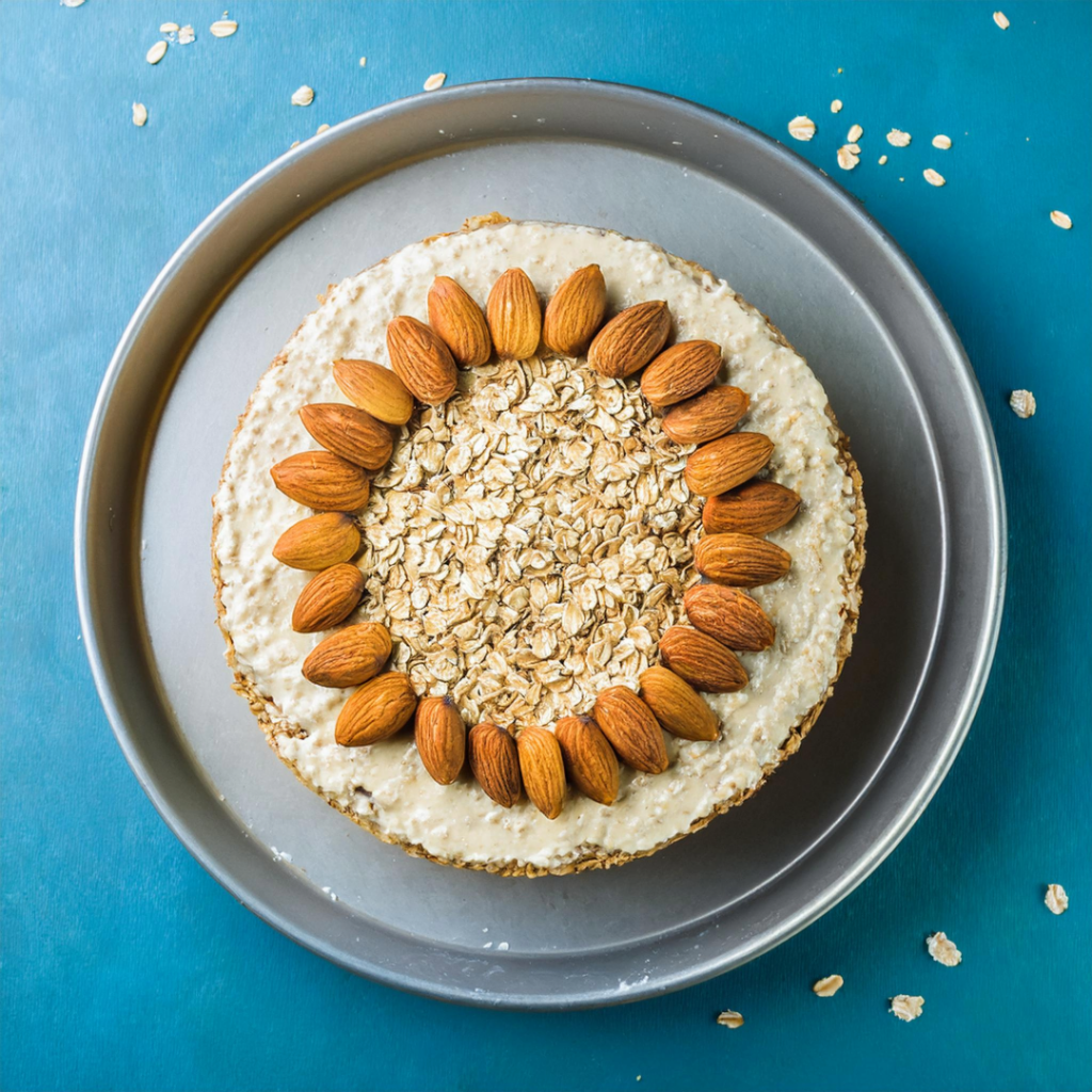 Kalorienarme Torte mit Haferflocken und Mandeln als Dekoration, serviert auf einem silbernen Teller.
