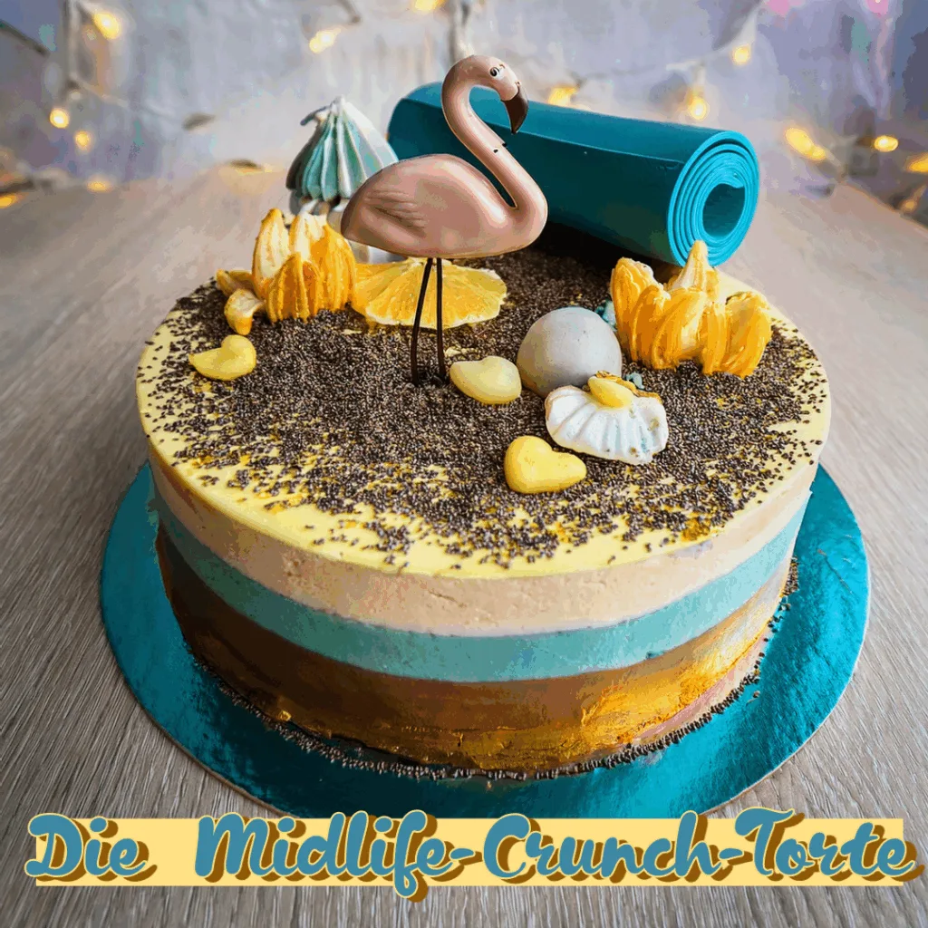 Dreistöckige, bunt glasierte Midlife-Crunch-Torte mit Flamingo-Figur, Yoga-Matte und dekorativen Früchten auf einem Geburtstagstisch.