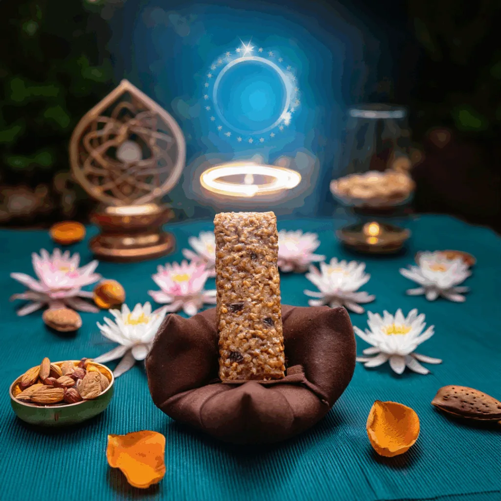 Erleuchteter Müsliriegel auf Meditationskissen mit Lotusblüten und spirituellem Glow